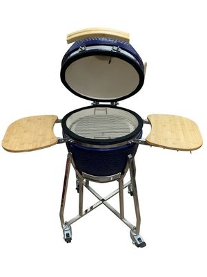 Kamado-Grill aus Keramik, 18 Zoll, blaue Farbe, 48 cm, mit Wagen und Beistelltischen