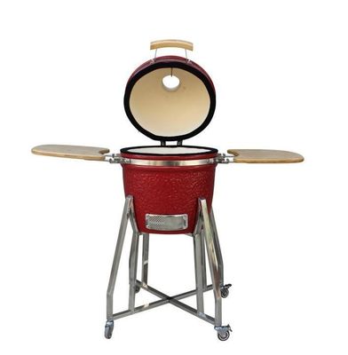 Kamado 15-Zoll-Keramik-Raucher, Holzkohle, rote Farbe, 39 cm, mit Wagen und Beistelltischen