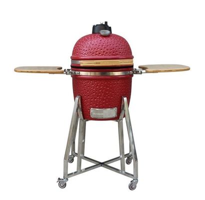 Edelstahl-Keramik 15-Zoll-Kamado-Grill, rote Farbe, 39 cm, mit Wagen und Beistelltischen
