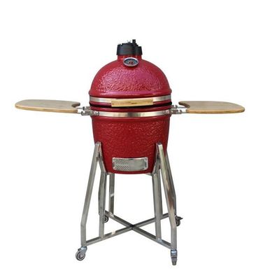 Kamado 15-Zoll-Keramik-Raucher, Holzkohle, rote Farbe, 39 cm, mit Wagen und Beistelltischen