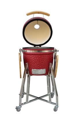 Edelstahl-Keramik 15-Zoll-Kamado-Grill, rote Farbe, 39 cm, mit Wagen und Beistelltischen